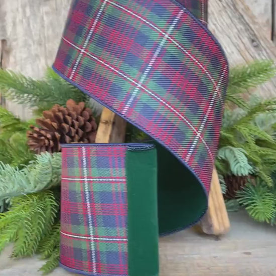 4" Blue Westchester Plaid Ribbon, Farrisilk Ribbon, Traditional Christmas Plaid Ribbon