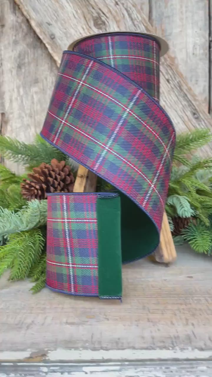 4" Blue Westchester Plaid Ribbon, Farrisilk Ribbon, Traditional Christmas Plaid Ribbon