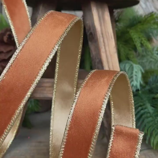 Copper Brown Velvet Wired Ribbon: 1" Fall Christmas Decor