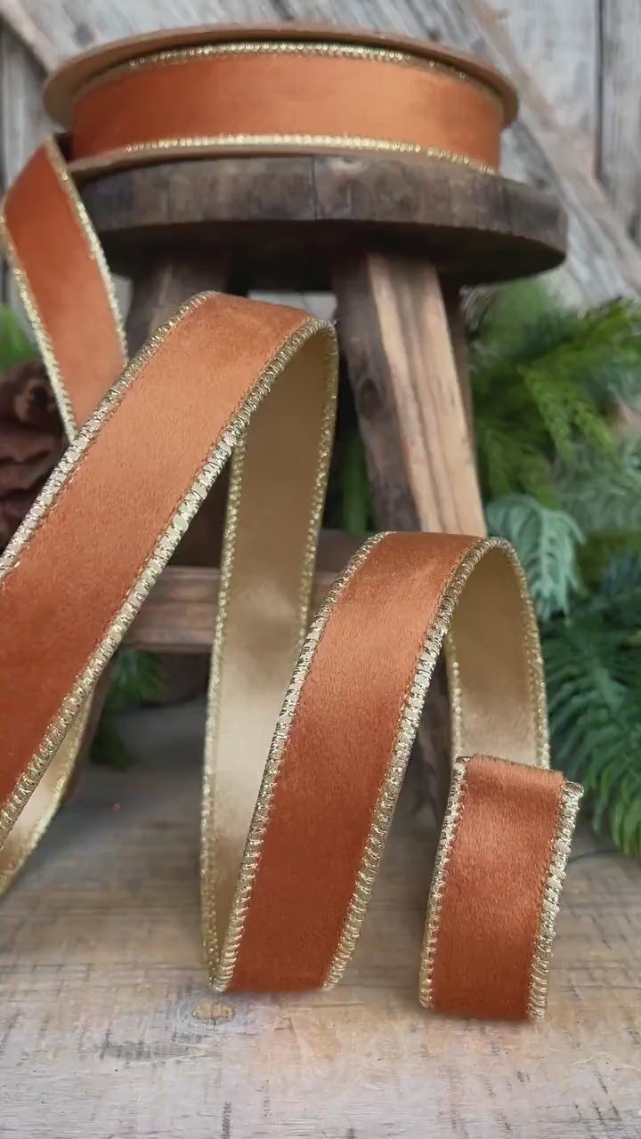 Copper Brown Velvet Wired Ribbon: 1" Fall Christmas Decor