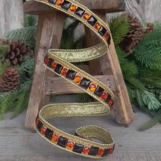 3/4" Halloween Garland Ribbon, Halloween Jeweled Ribbon, Orange Black Jeweled RIbbon
