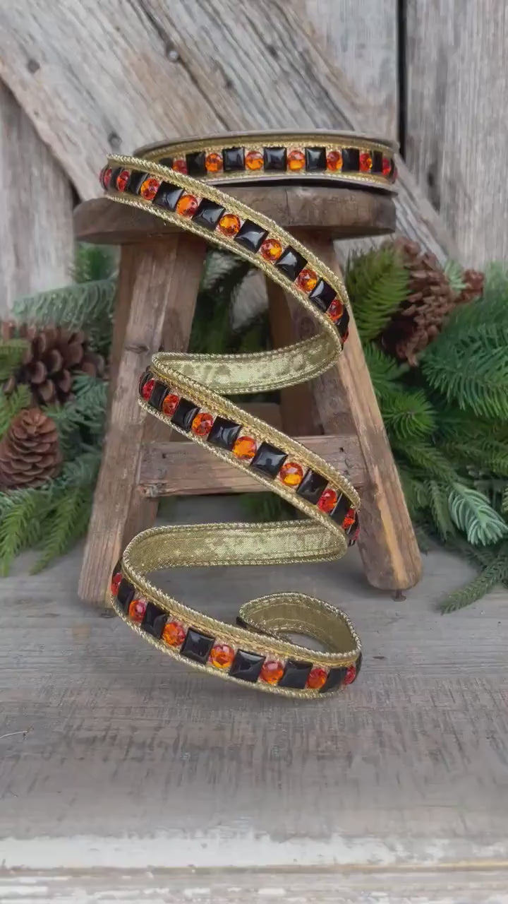 3/4" Halloween Garland Ribbon, Halloween Jeweled Ribbon, Orange Black Jeweled RIbbon