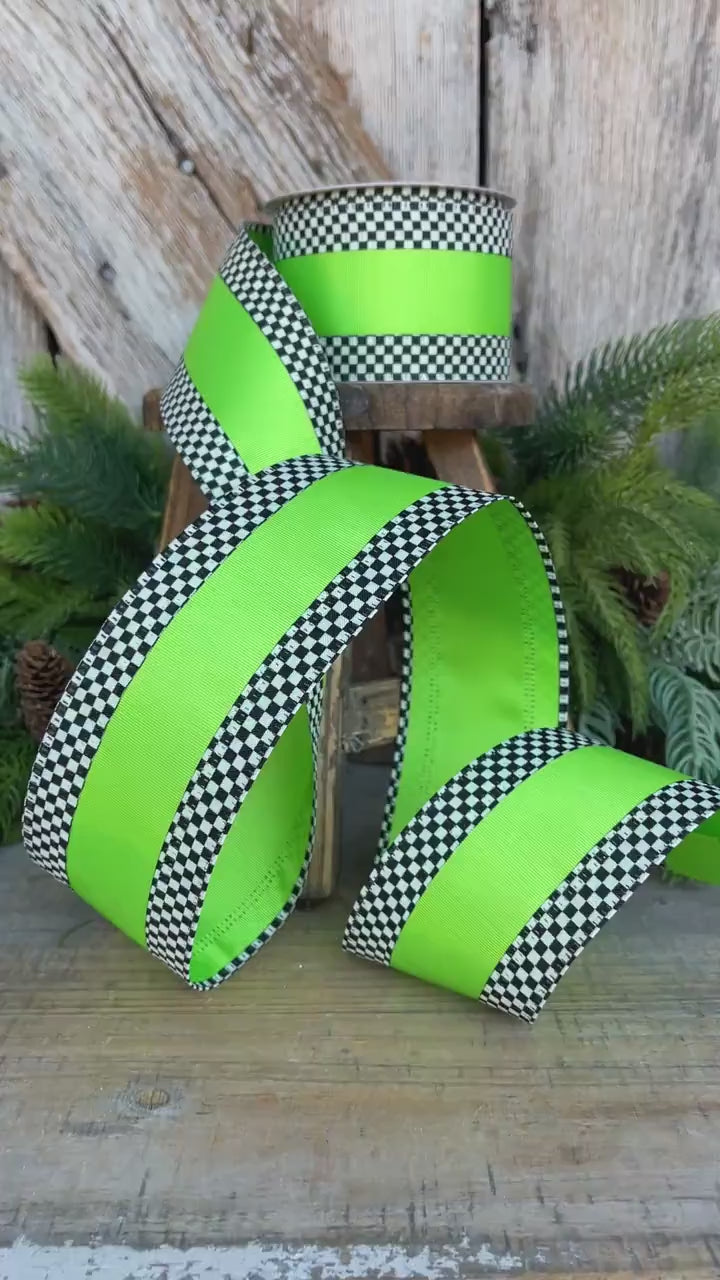 2.5" Ribbon, Lime Green with Black White Checkered Border, Halloween Ribbon