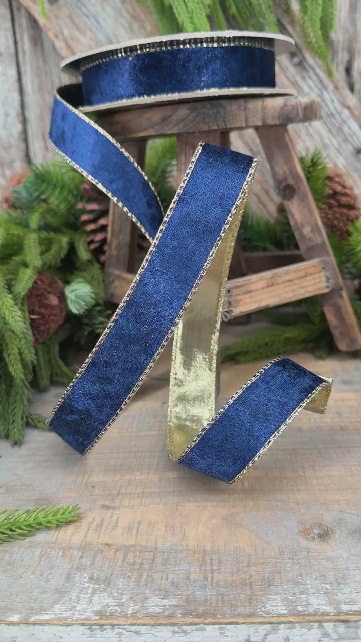 1" Navy Blue Velet ribbon with metallic gold backing