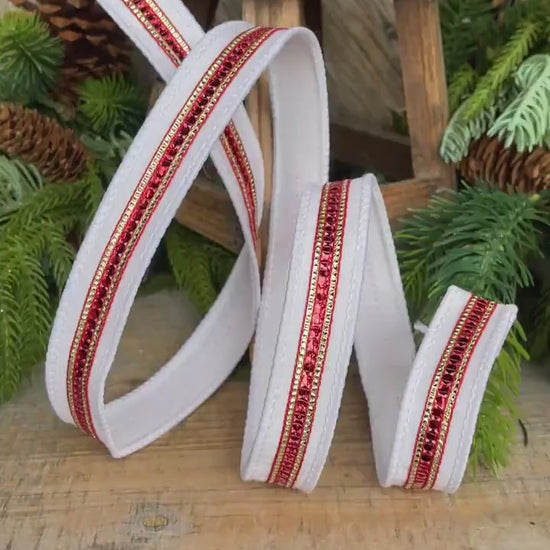 1" Red White Twinkle Trim Ribbon, Farrisilk ribbon, Red Jeweled RIbbon
