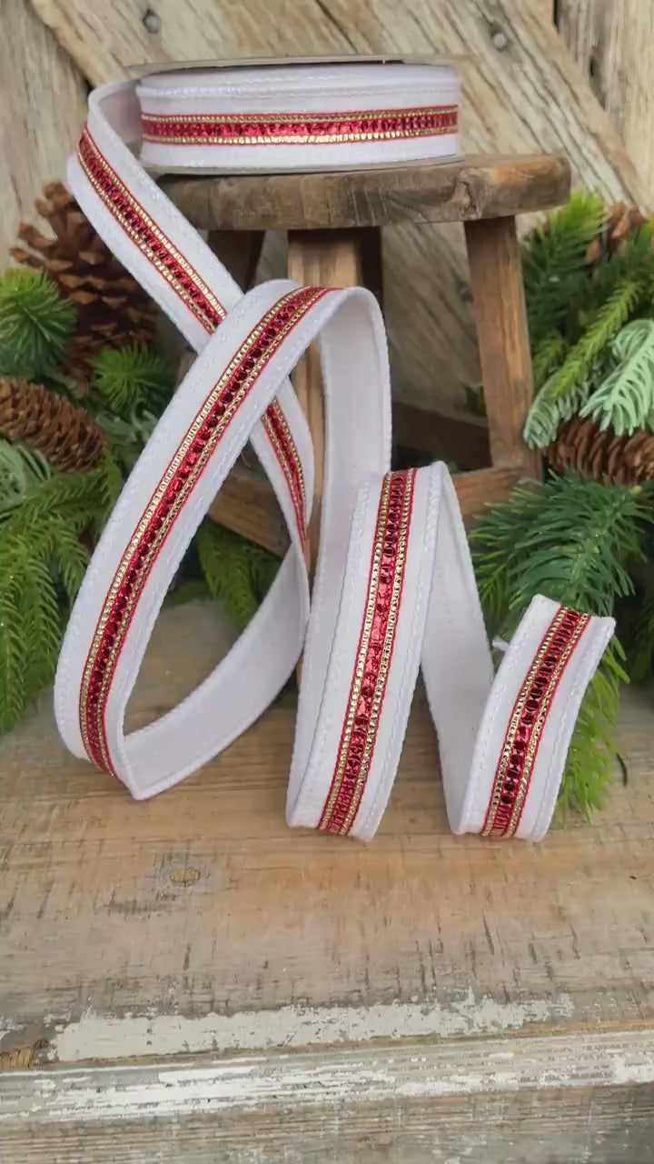 1" Red White Twinkle Trim Ribbon, Farrisilk ribbon, Red Jeweled RIbbon