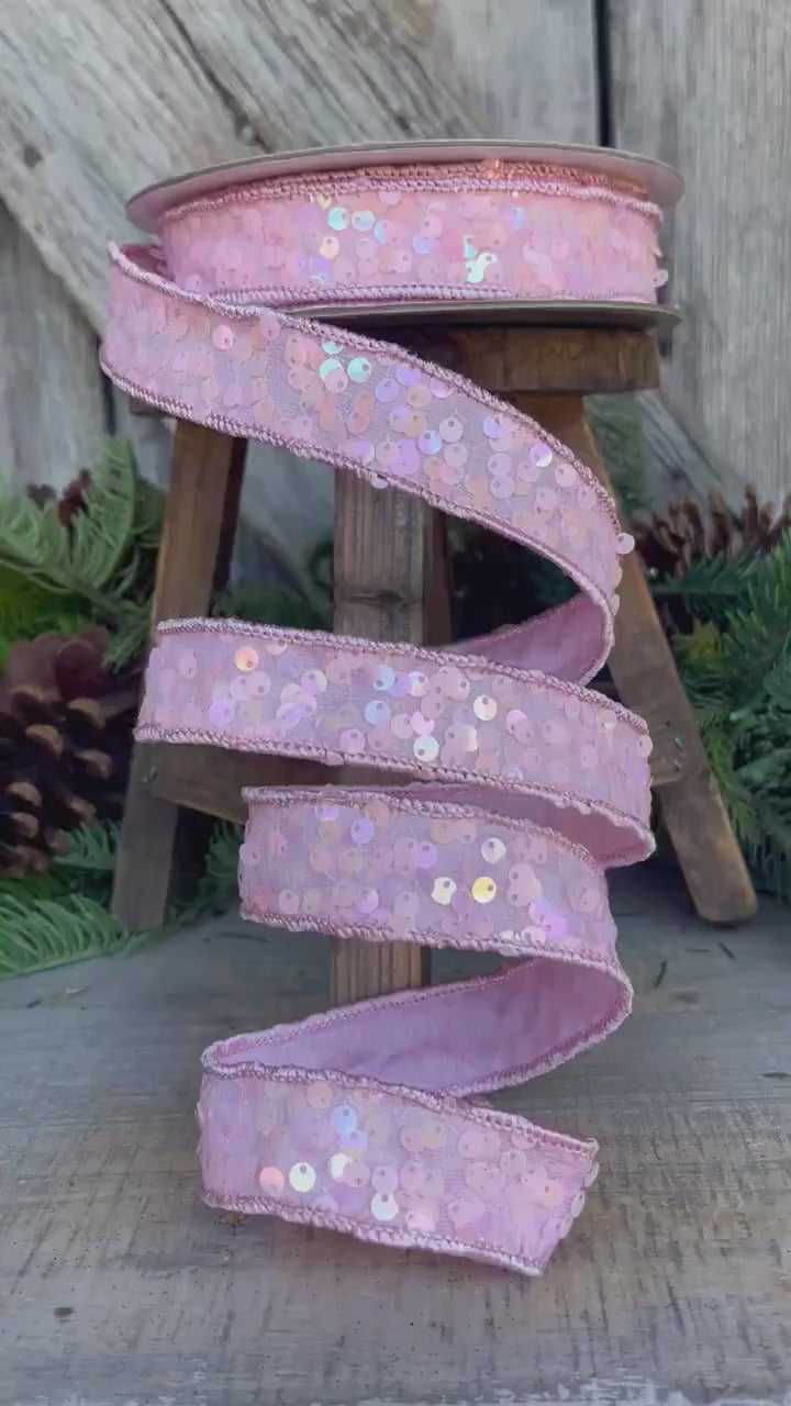 1" Pink Sequin Ribbon, Wired Ribbon, Flashy Sequin Ribbon