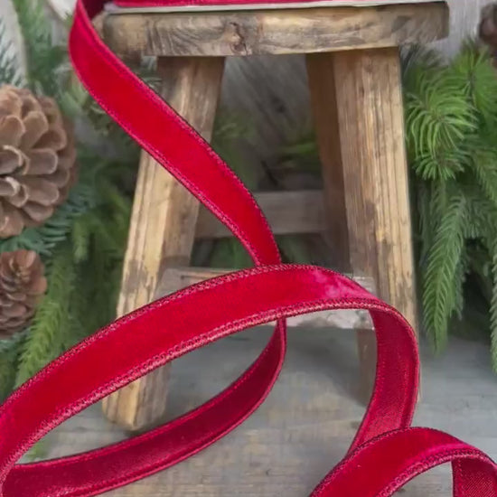 3/4" Red Velvet Luster Wired Ribbon, Farrisilk Ribbon, Velvet Ribbon