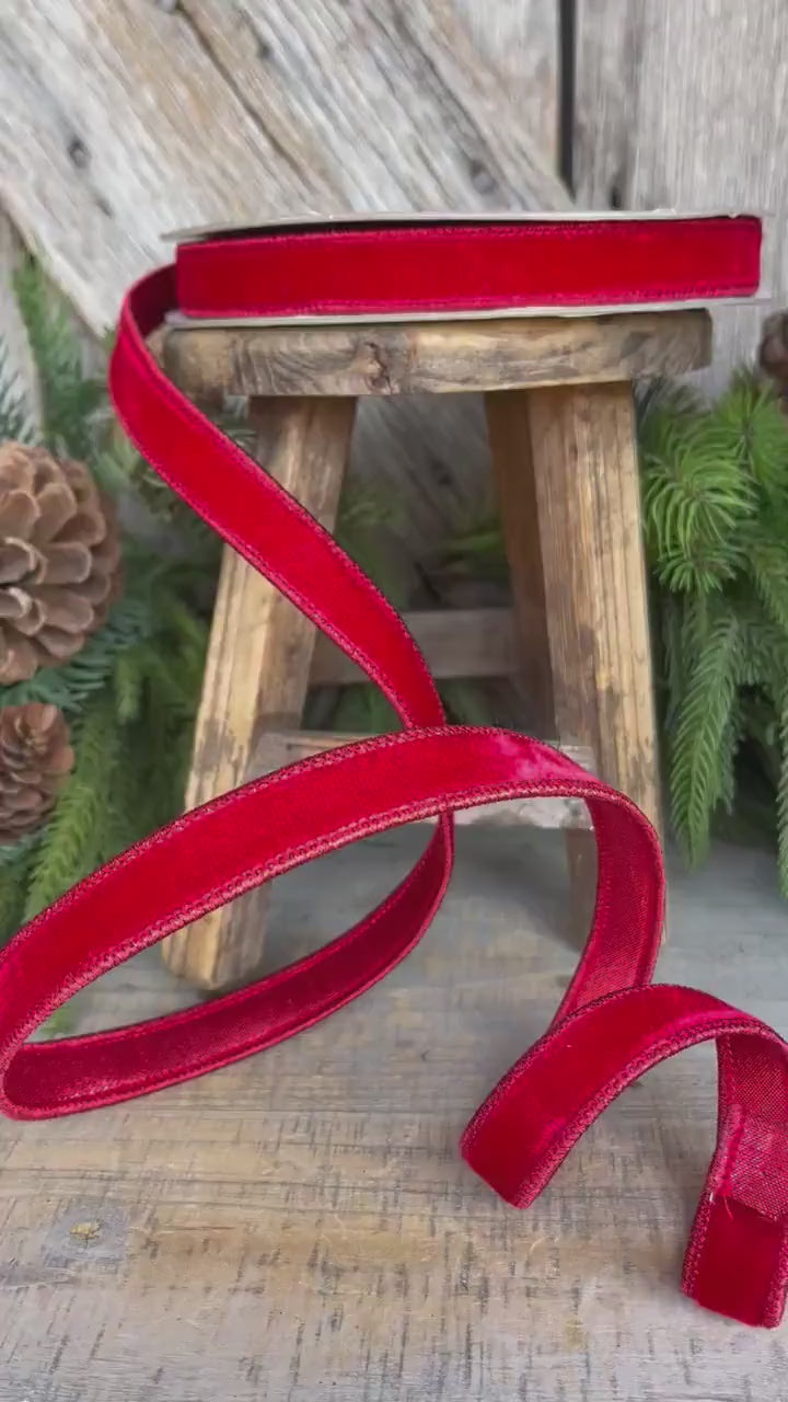 3/4" Red Velvet Luster Wired Ribbon, Farrisilk Ribbon, Velvet Ribbon