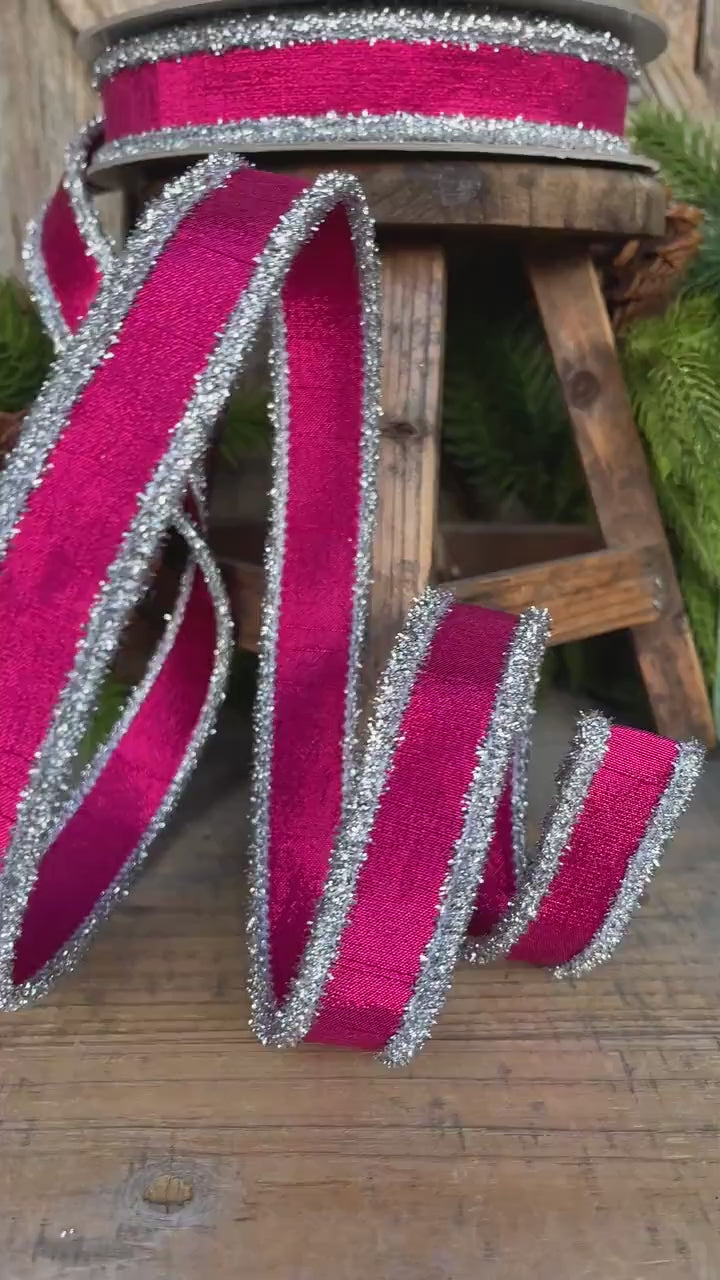 1" Hot Pink &amp; Silver Tinsel Ribbon, Christmas Ribbon, Farrisilk ribbon