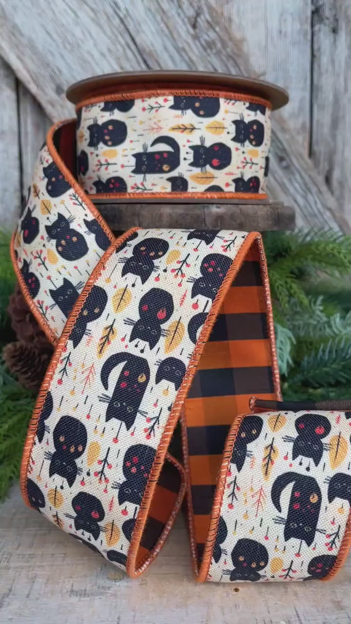 2.5" Black Cat Ribbon, Halloween Ribbon, Vintage Halloween Ribbon