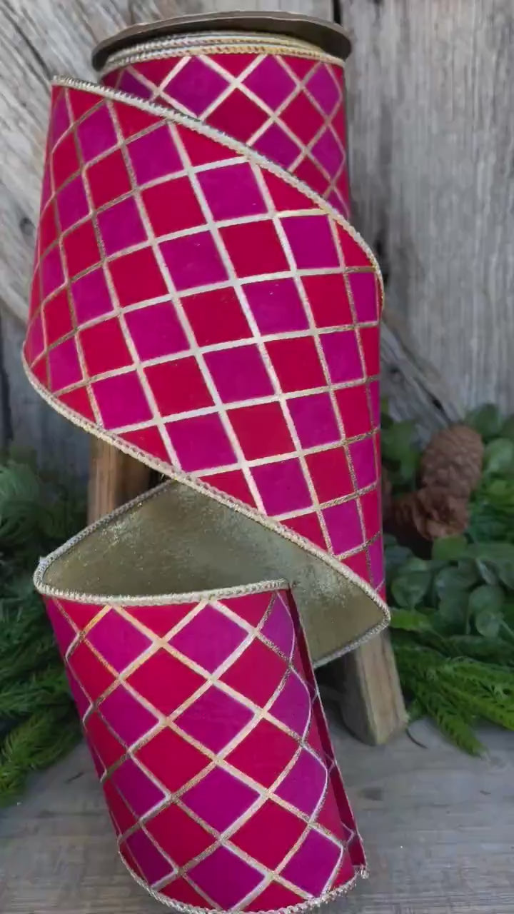 4" Red Pink Harlequin Ribbon, Diamond Ribbon, Red Hot Pink Ribbon