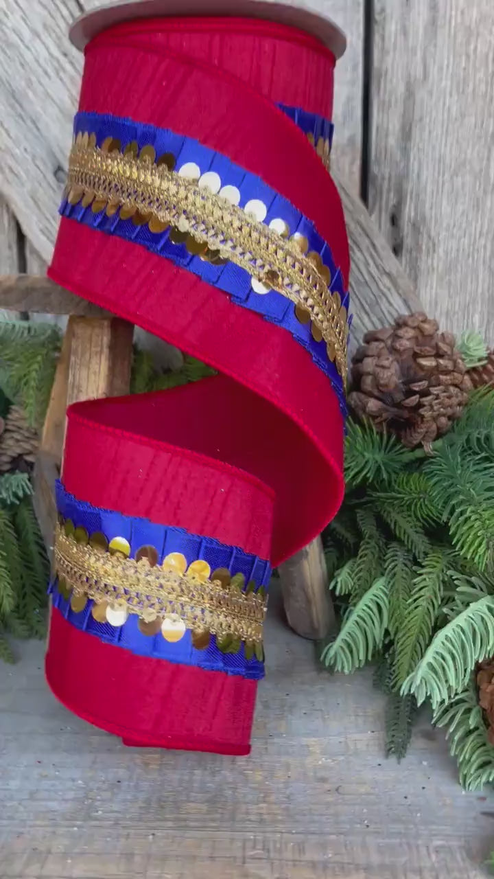 4" Red Blue Nutcracker Frills, Farrisilk RIbbon, Wired RIbbon
