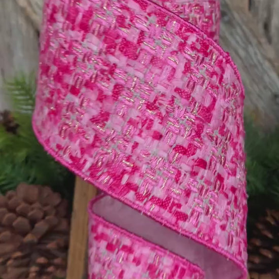 4" Hot Pink Tweed Ribbon, Hot Pink Christmas Ribbon