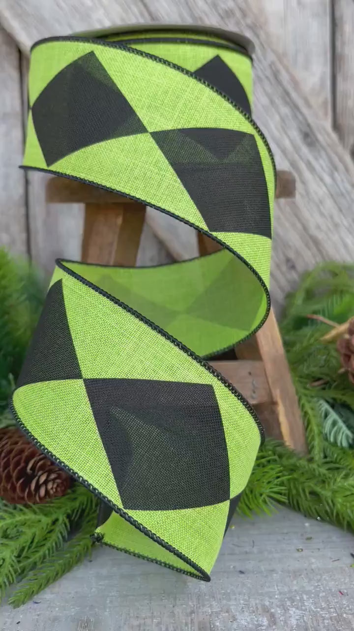 2.5" Lime Green Harlequin Ribbon, Farrisilk Ribbon, Lime Green Dark Diamonds by Farrisilk