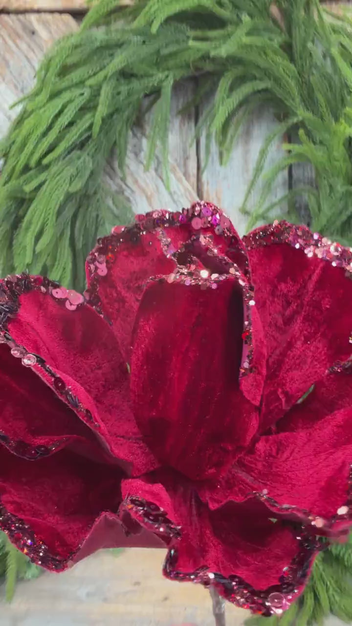 7" Jubilee Rose Ruby Velvet Flower, Farrisilk Christmas Rose