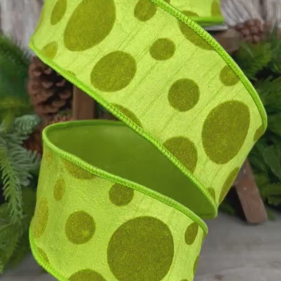 2.5" Lime Green Retro Dot, Farrisilk Ribbon, Flocked Ribbon,Halloween Ribbon,Wired RIbbon,Designer Ribbon