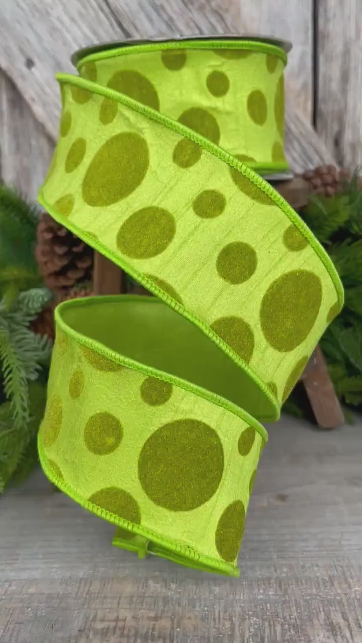 2.5" Lime Green Retro Dot, Farrisilk Ribbon, Flocked Ribbon,Halloween Ribbon,Wired RIbbon,Designer Ribbon