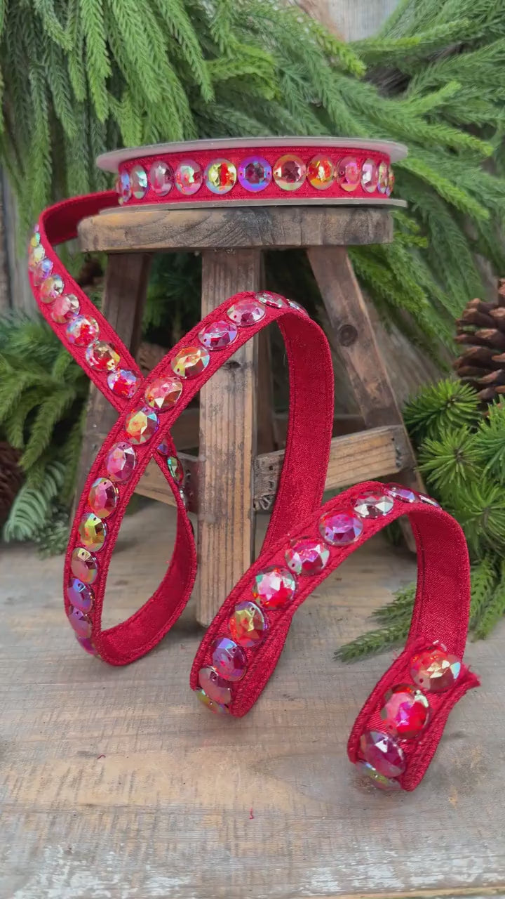 3/4" Red Jeweled Ribbon, Farrisilk Red Aurora Gem Ribbon