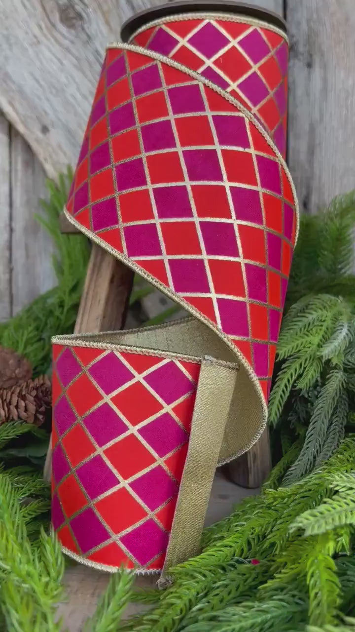 4" Orange Fuchsia Harlequin Ribbon, Diamond Ribbon, Orange Hot Pink Ribbon
