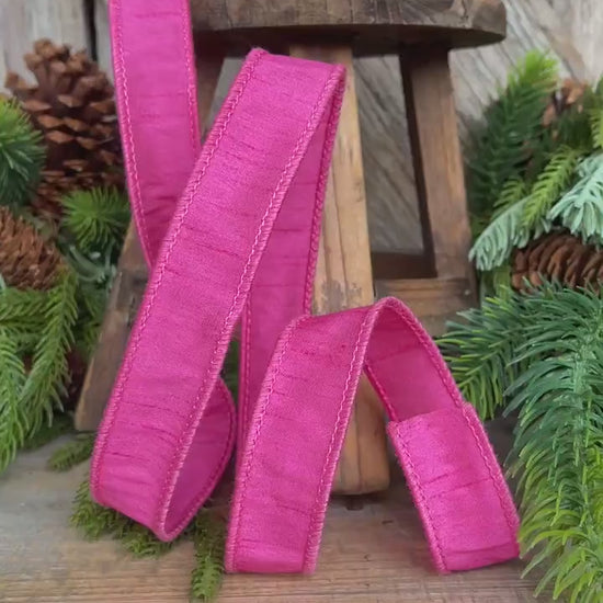 1" Pink Dupioni Ribbon, Wired Ribbon, Bubblegum Pink Ribbon