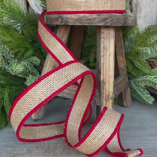 1" Red Burlap Accent Ribbon, Farrisilk Ribbon, Wired Ribbon