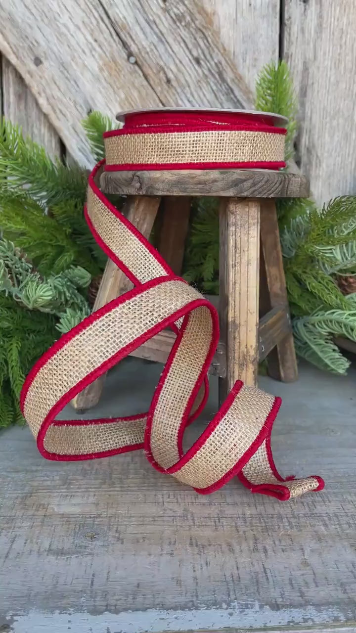 1" Red Burlap Accent Ribbon, Farrisilk Ribbon, Wired Ribbon