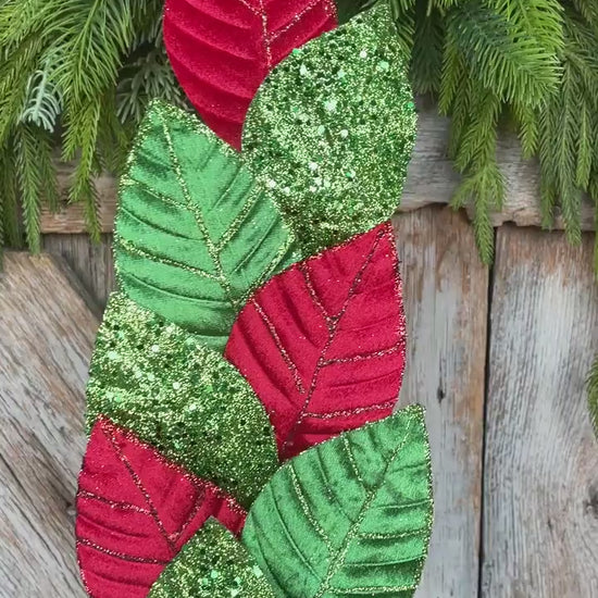 Red & Green Velvet Leaf Christmas Spray - 27" Tree Topper