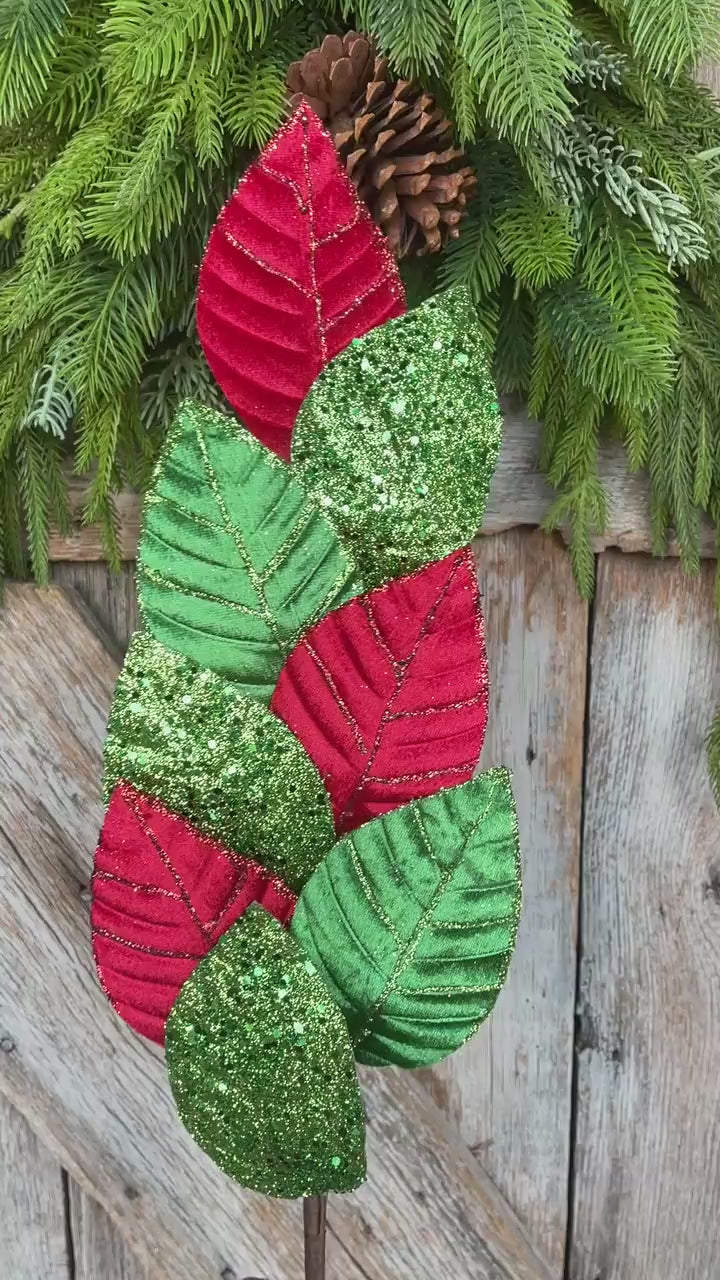 Red & Green Velvet Leaf Christmas Spray - 27" Tree Topper