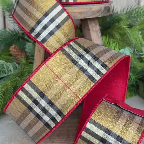 2.5” Brown holiday plaid, brown black red plaid Christmas ribbon, 10 yards