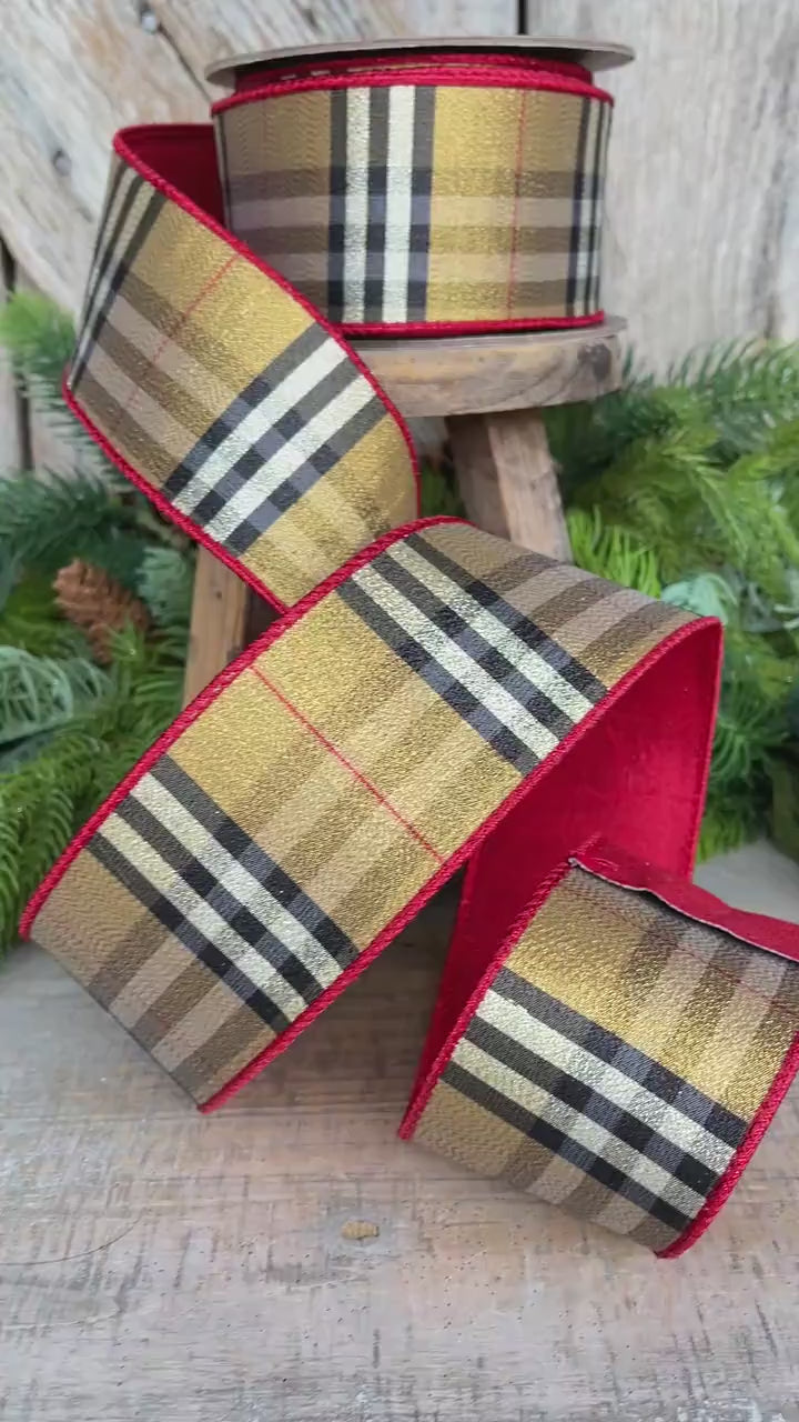 2.5” Brown holiday plaid, brown black red plaid Christmas ribbon, 10 yards