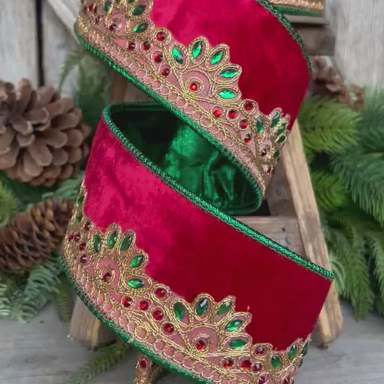 2.5" Red Velvet Jeweled Ribbon, Red Green Jeweled Ribbon, Christmas Ribbon