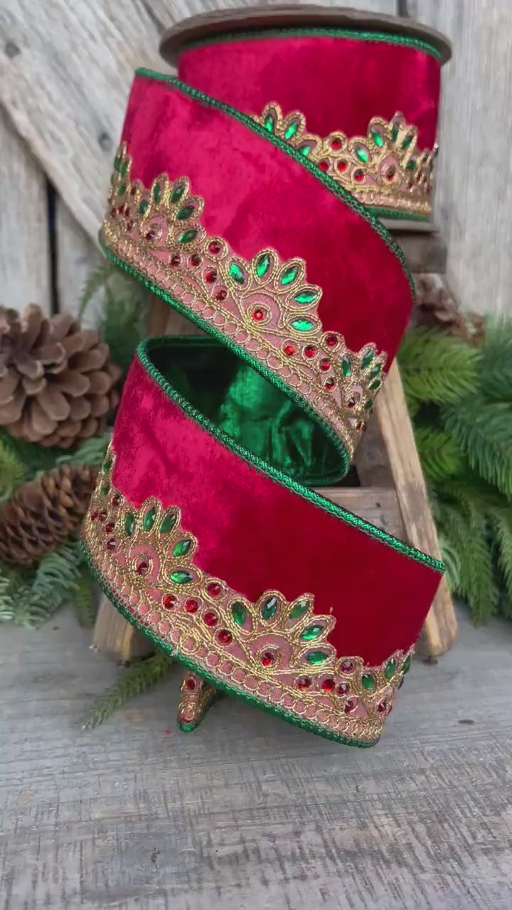 2.5" Red Velvet Jeweled Ribbon, Red Green Jeweled Ribbon, Christmas Ribbon