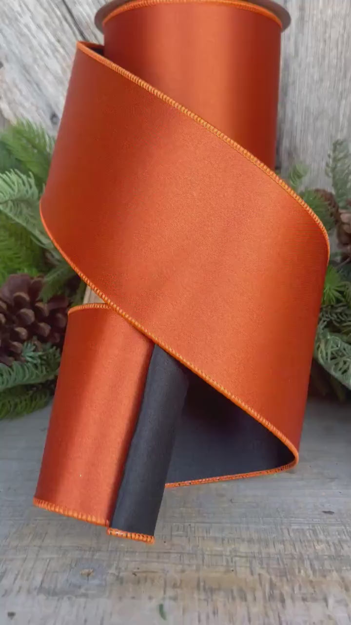 4" Orange Black Satin Ribbon, Farrisilk Ribbon, Wired Ribbon