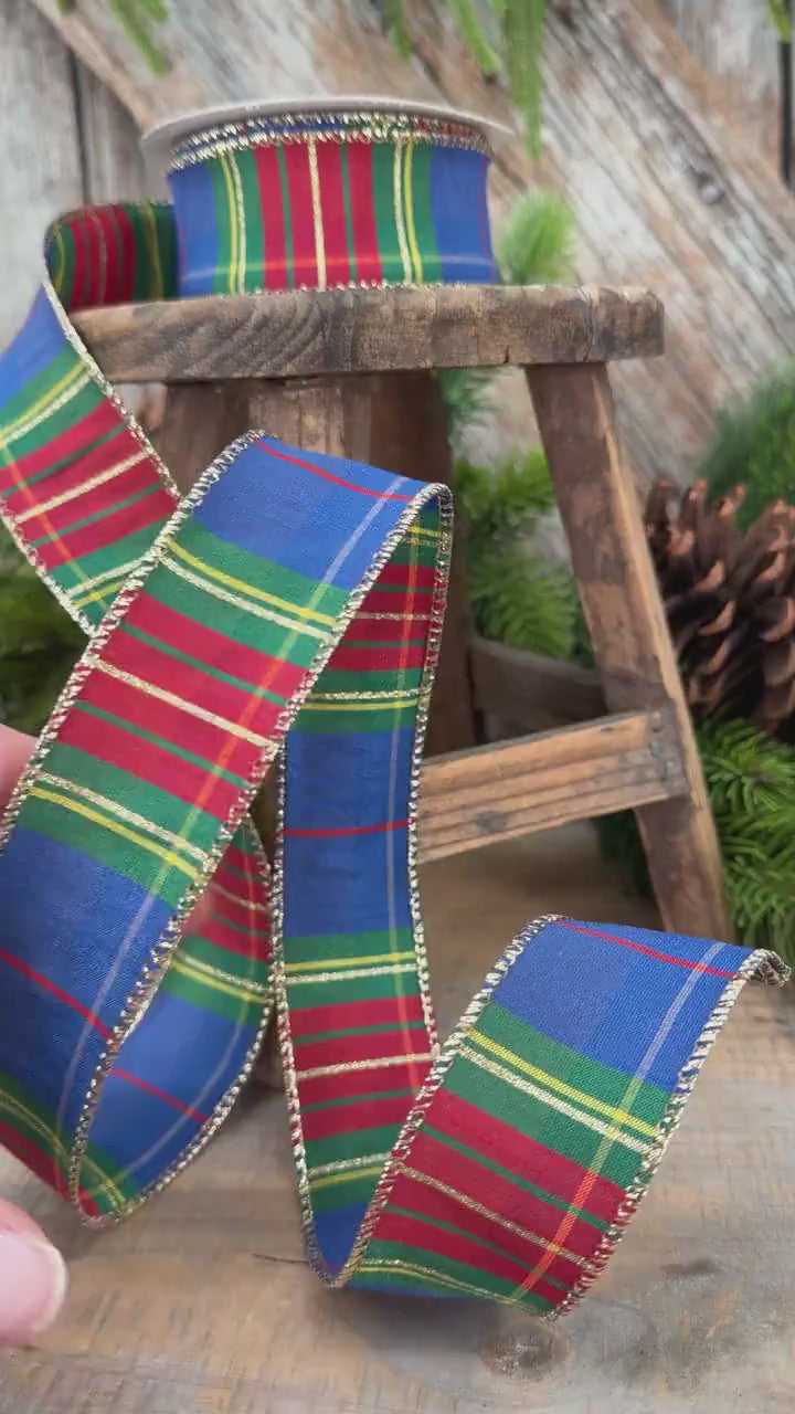 1.5" Blue Tartan Plaid Ribbon, Christmas Plaid Wired Ribbon
