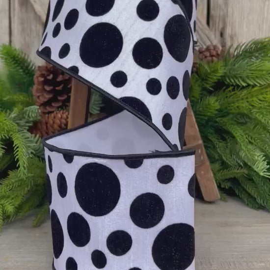 4" Black White Retro Dot, Farrisilk Ribbon, Flocked Ribbon