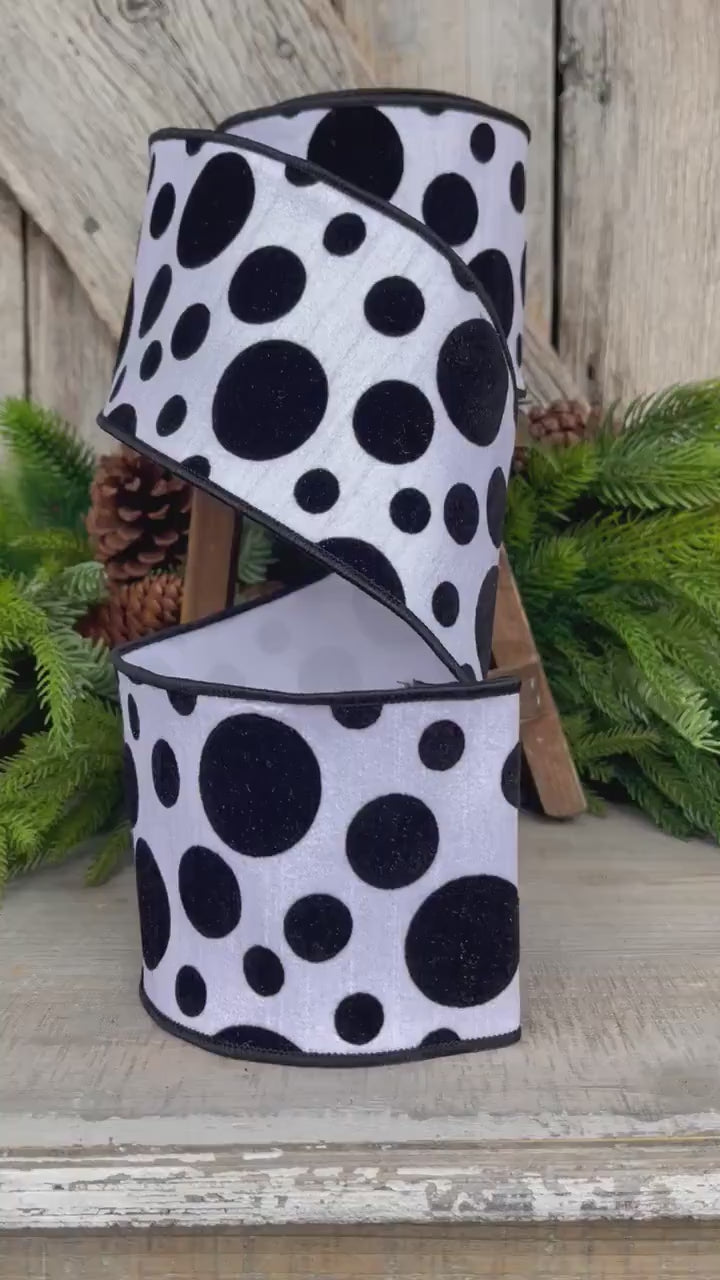 4" Black White Retro Dot, Farrisilk Ribbon, Flocked Ribbon