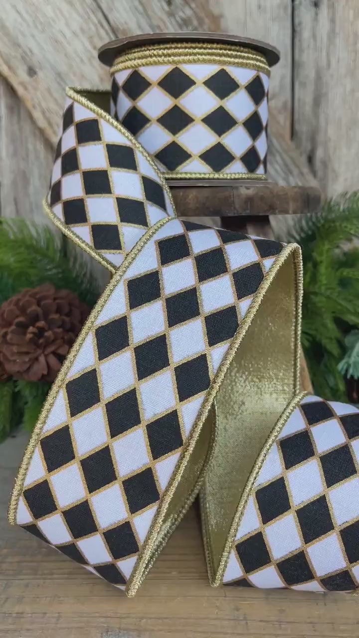 2.5" Black and White Harlequin Ribbon, Christmas Ribbon