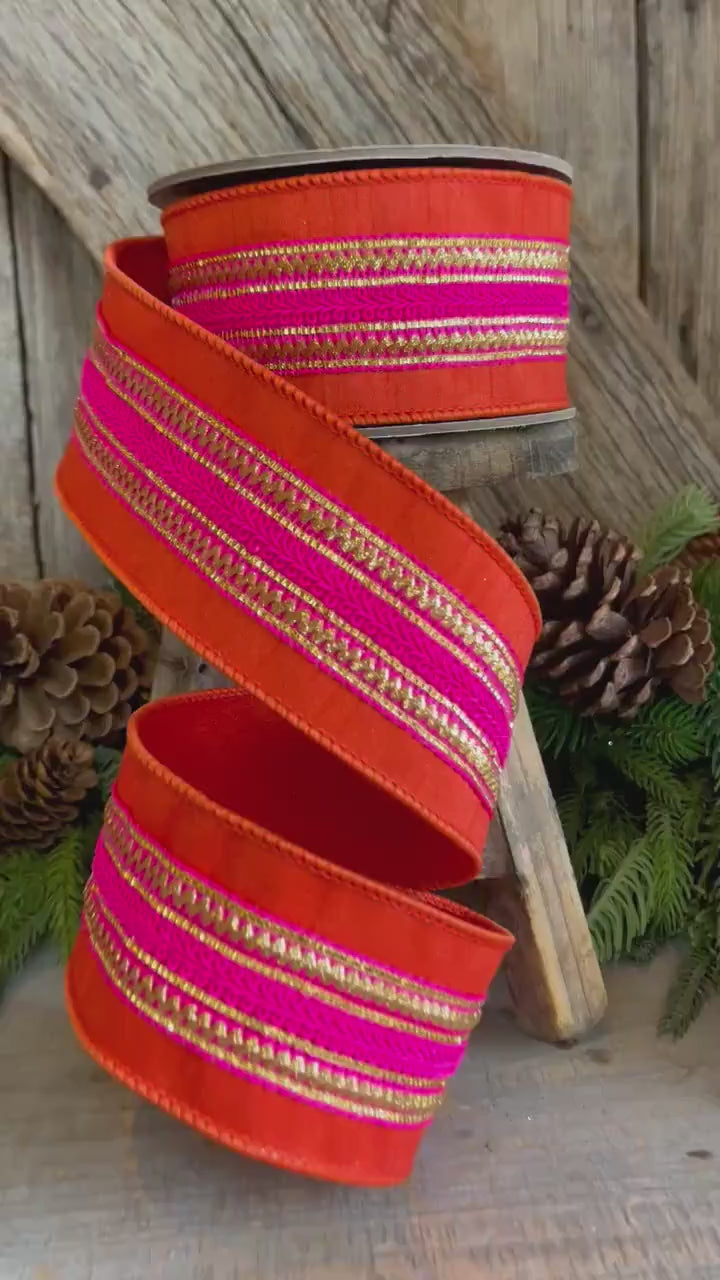 2.5" Orange &amp; Pink Stripe Ribbon, Christmas Ribbon, Pinkmas Ribon