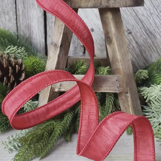 7/8" Wired Ribbon, Red Ribbon, Dupioni Ribbon