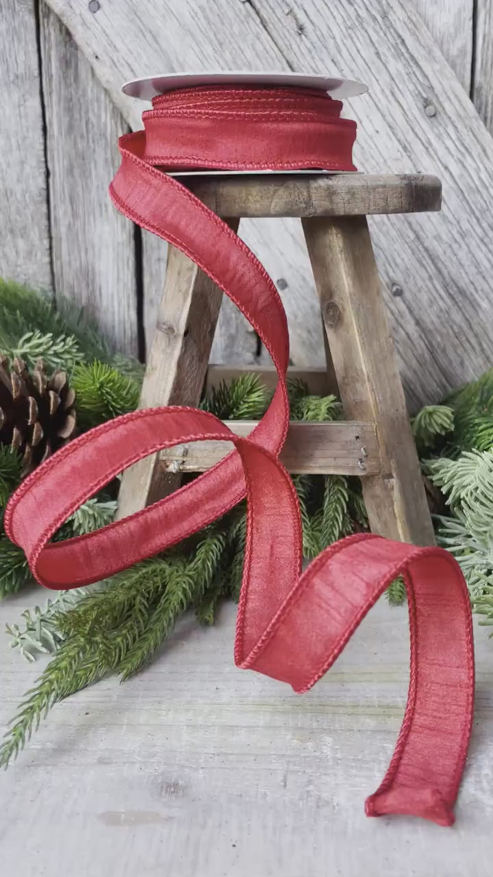 7/8" Wired Ribbon, Red Ribbon, Dupioni Ribbon