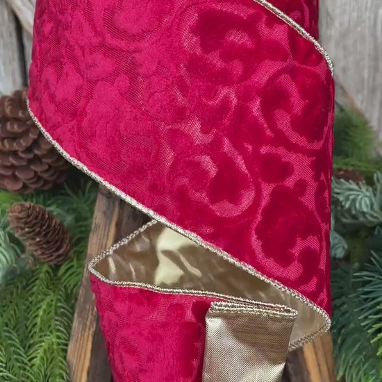 4" Red Embossed Velvet Ribbon, Christmas Ribbon, Red Velvet Ribbon
