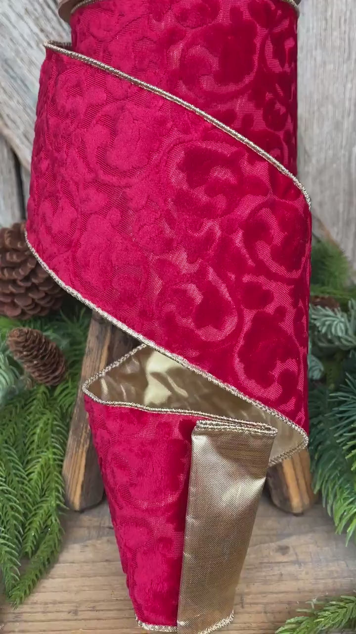 4" Red Embossed Velvet Ribbon, Christmas Ribbon, Red Velvet Ribbon