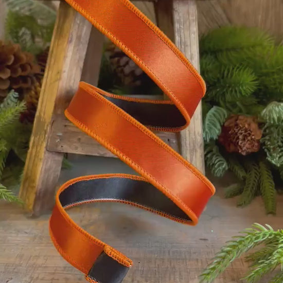1" Orange Black Satin Ribbon, Farrisilk Ribbon, Wired Ribbon