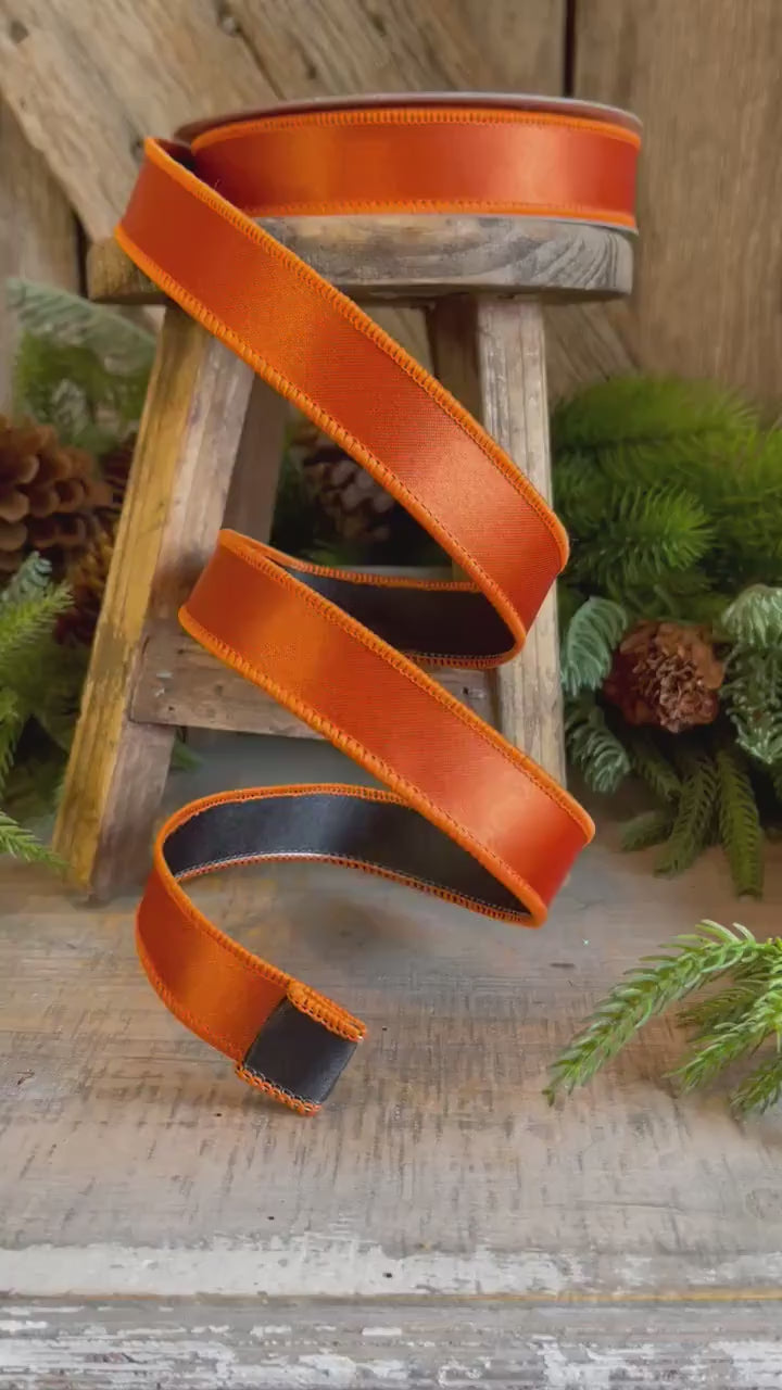 1" Orange Black Satin Ribbon, Farrisilk Ribbon, Wired Ribbon