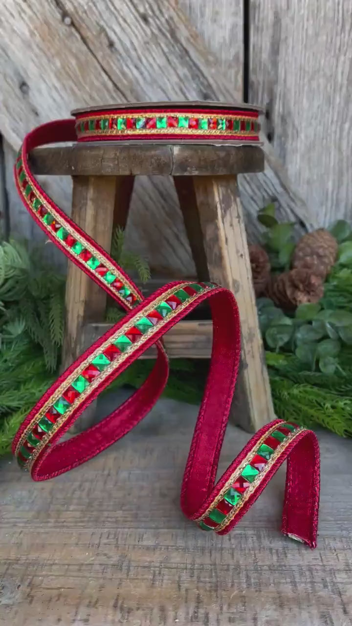 7/8" Red Green Gold Jeweled Ribbon, Jeweled Ribbon, Christmas Ribbon