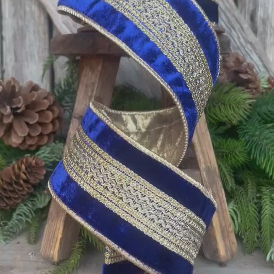 2.5" Blue and Gold Trim Ribbon, Royal Blue Ribbon, Wired Ribbon