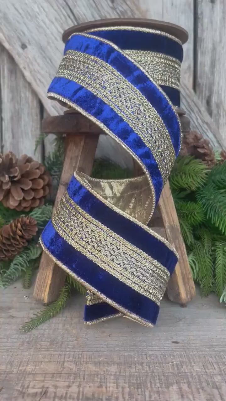 2.5" Blue and Gold Trim Ribbon, Royal Blue Ribbon, Wired Ribbon