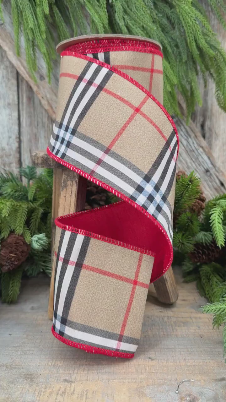 4” Brown Black Red holiday plaid, Christmas ribbon