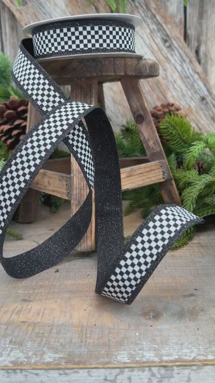 1" Black White Check Ribbon